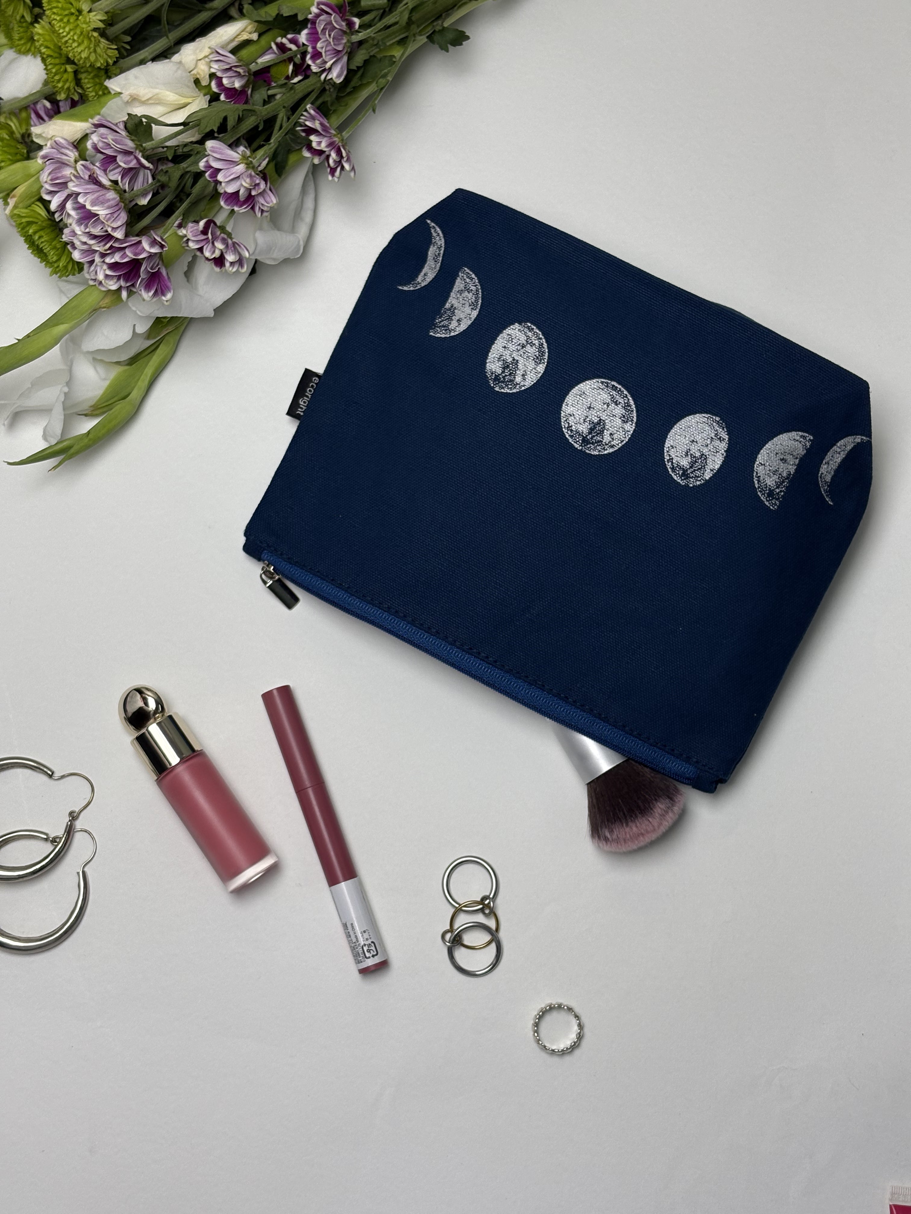 Large Zipper Tote (Happy Flowers) & Cosmetic Pouch (Moonphasing)