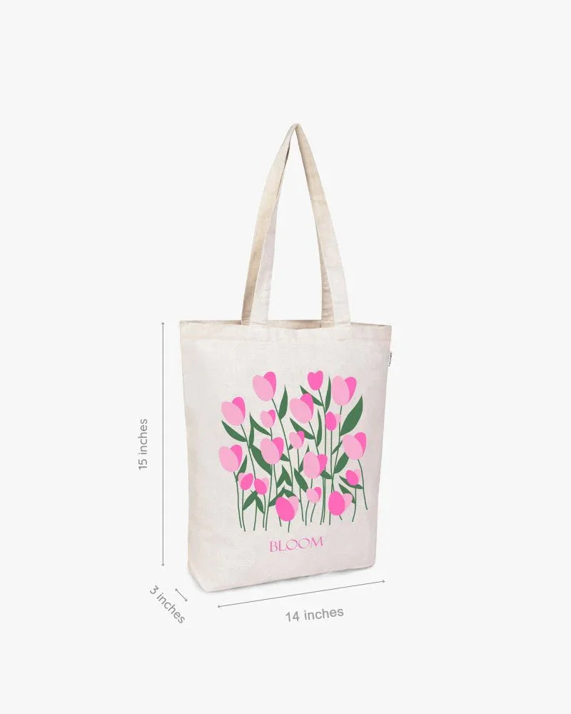tulips floral print zipper tote bag cotton canvas