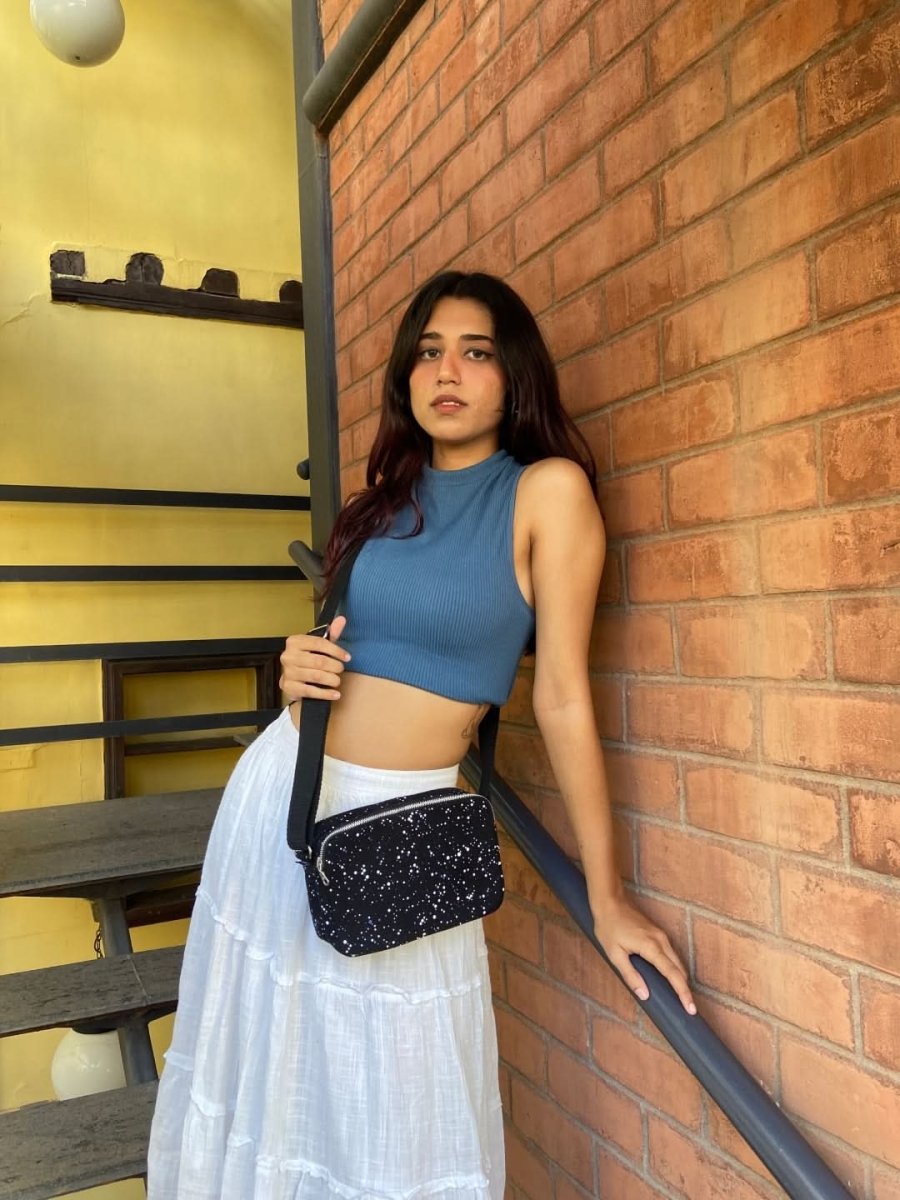 glowing cosmos box sling organic cotton crossbody bag