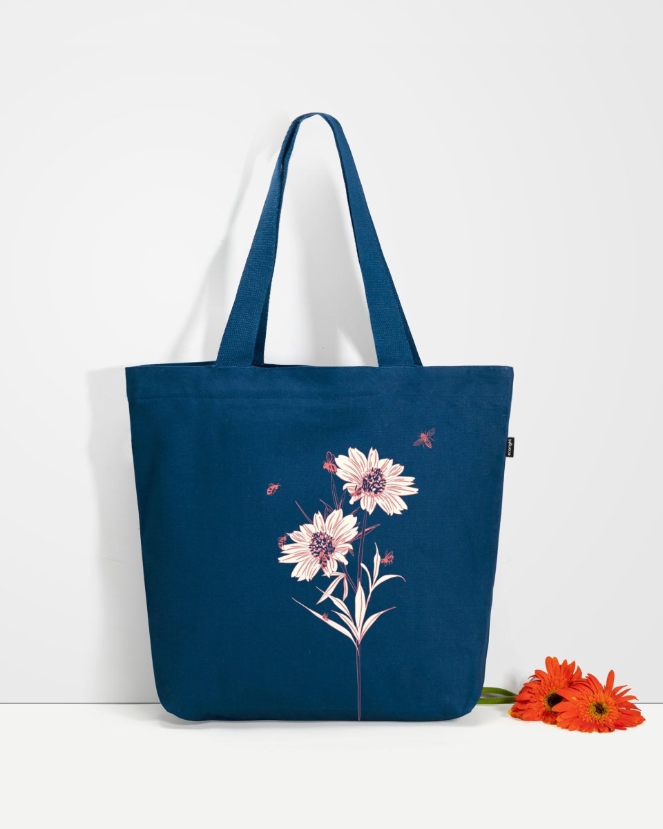 Buy Printed Blue Tote Bag for Women - Happy Flowers – Ecoright display picture 3