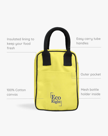 Lunchbox carry bag, Food bag, Everyday bags, Waterproof lunch bag, Plain lunch bag, Cotton bags, Yellow color bags, Bottle holder bag, Gifting idea, Ecoright