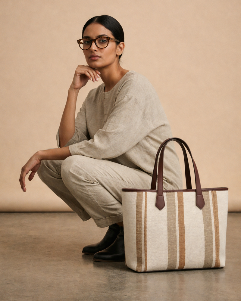Affogato handbag in a neutral tone, styled as a modern work handbag
