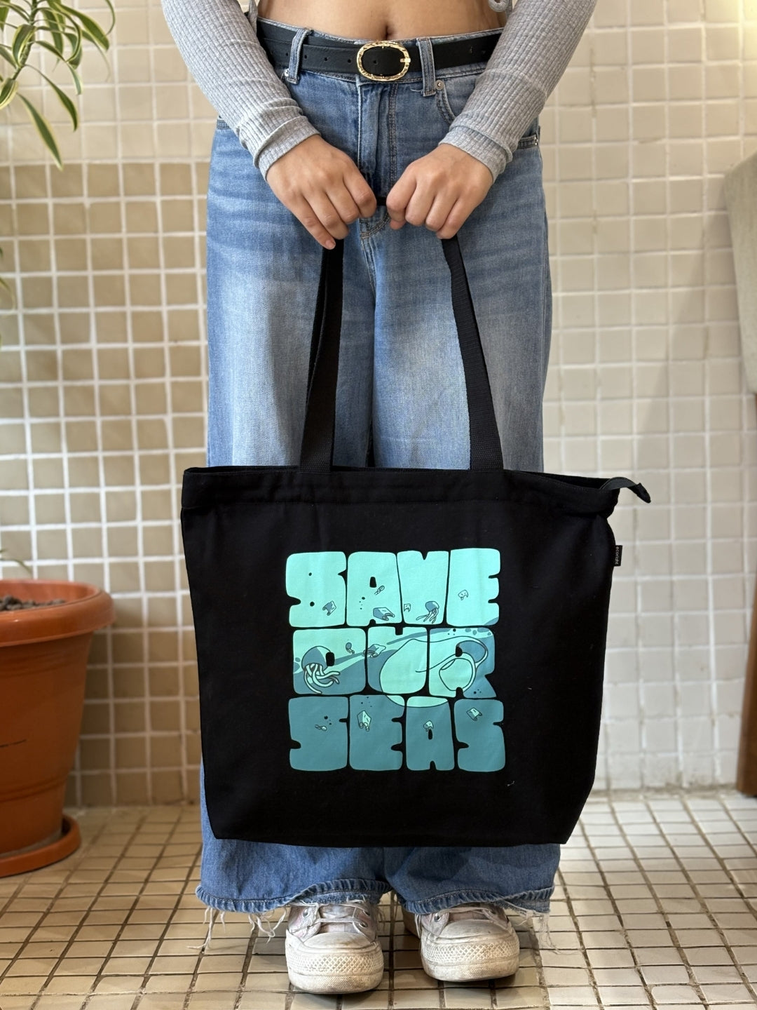 Large Zipper Tote Bag - Save Our Seas