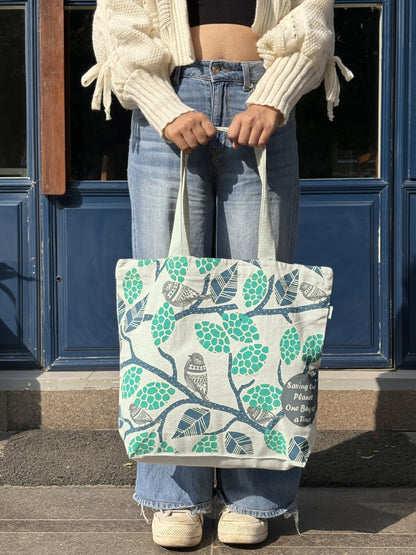 Large Zipper Tote Bag - Sparrow Love (Natural)