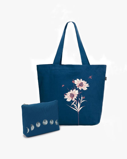 Large Zipper Tote (Happy Flowers) &amp; Cosmetic Pouch (Moonphasing)