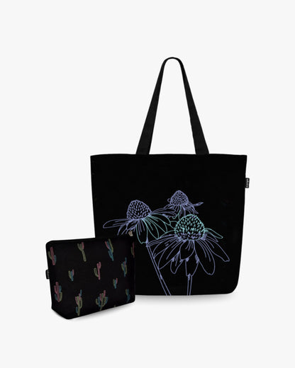 Large Zipper Tote (Night Garden) &amp; Cosmetic Pouch (Cactiverse)