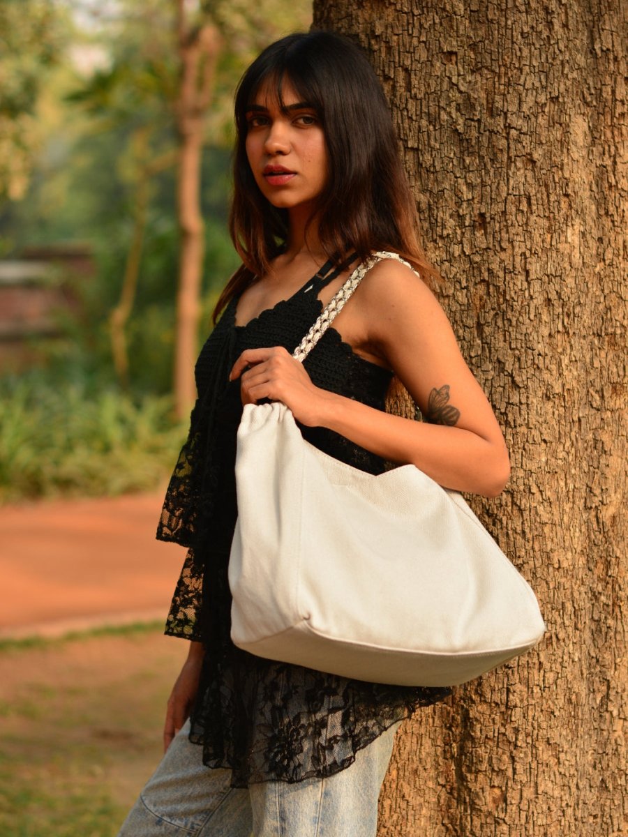 River denim tote bag used as an everyday carry-all