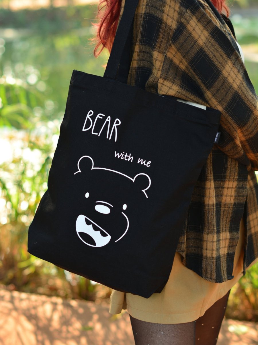 bear with me animal print zipper tote bag cotton canvas