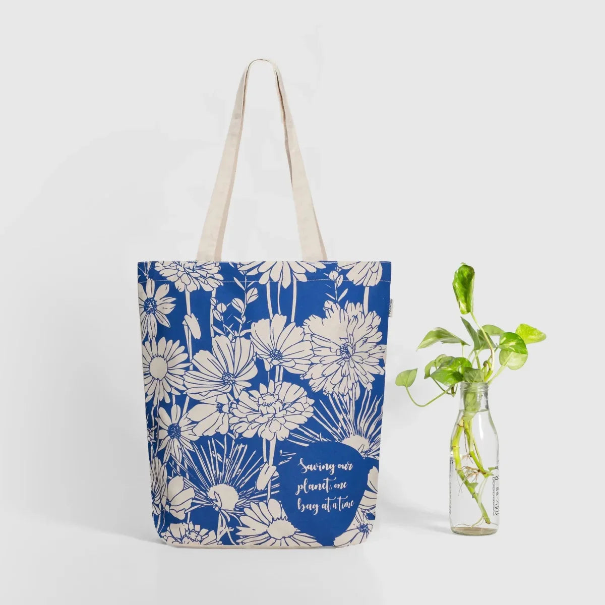 flowers floral print zipper tote bag cotton canvas tote