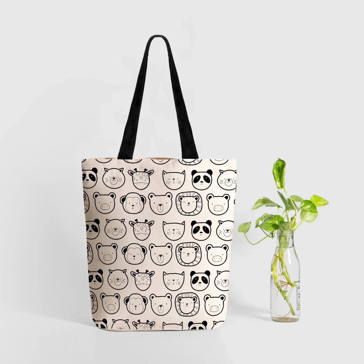cute animals printed zipper tote bag cotton canvas