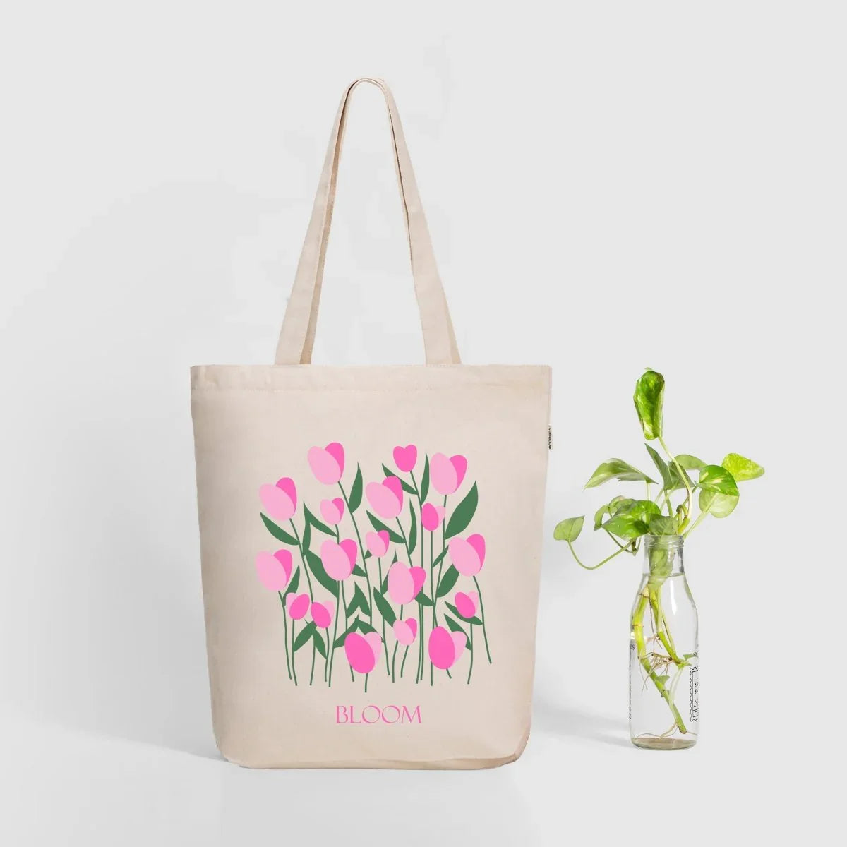 tulips floral print zipper tote bag cotton canvas