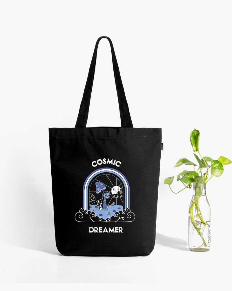 cosmic dreamer galaxy print zipper tote bag cotton canvas